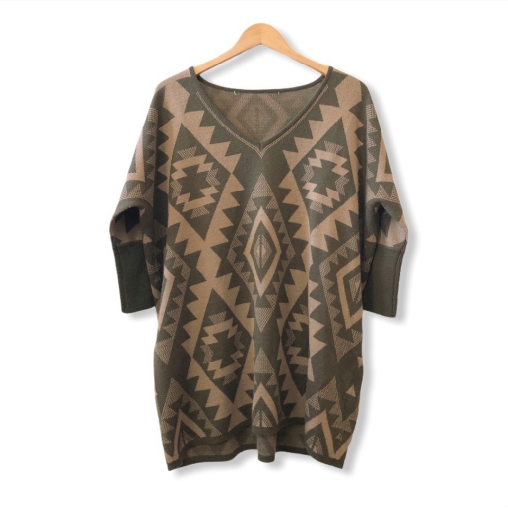 Modern Vintage Oversized Tan & Olive Print Sweater